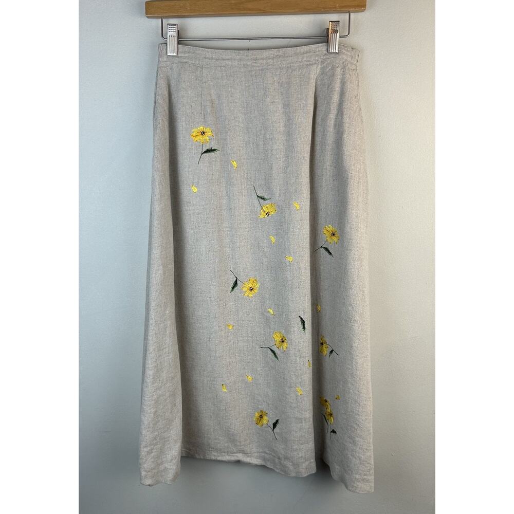 VTG National Wildlife Federation Linen Blend Skirt Yellow Floral Embroidered M - Picture 2 of 14